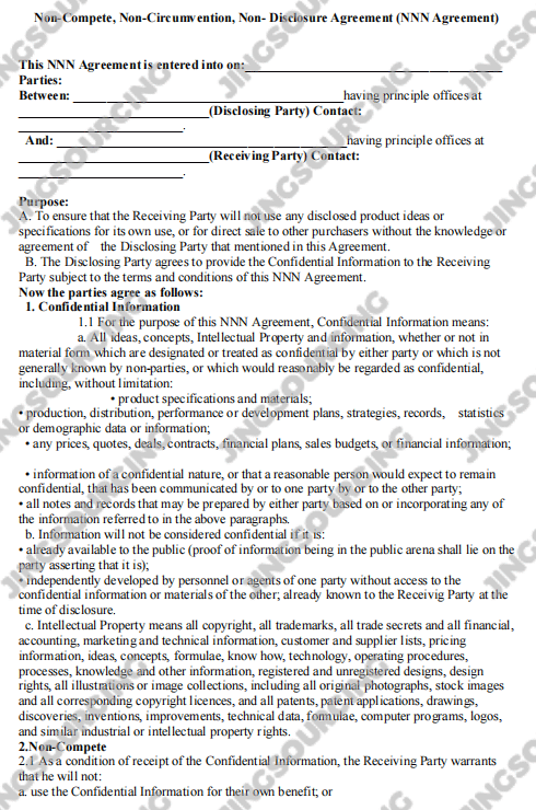 Jingsourcing's NNN agreement template 1